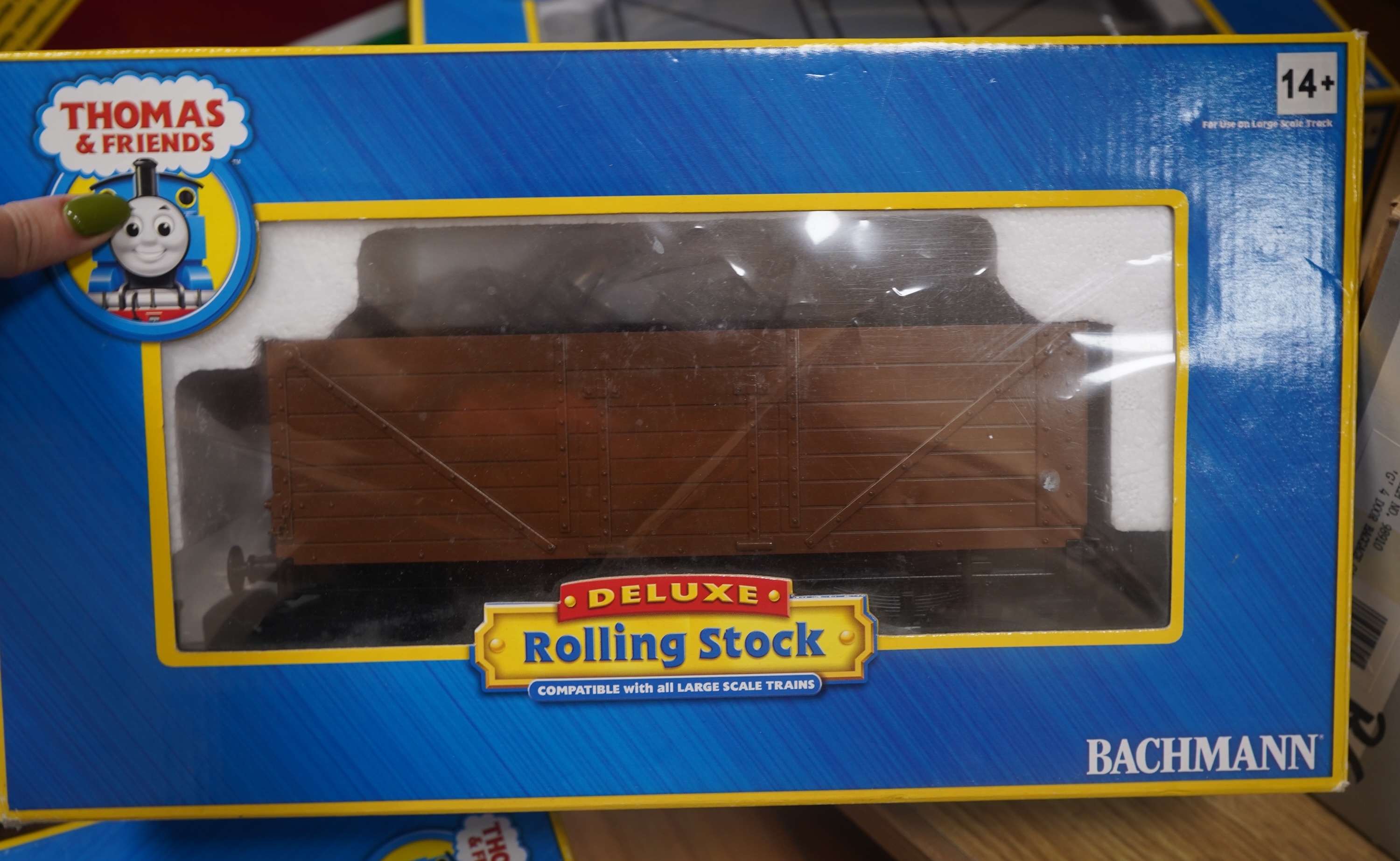 Three boxed Bachmann G gauge (45mm gauge) Thomas the Tank Engine items; Percy the Small Engine (91402), a Cargo Car (98006) and a Troublesome Truck (98001). Condition - good.